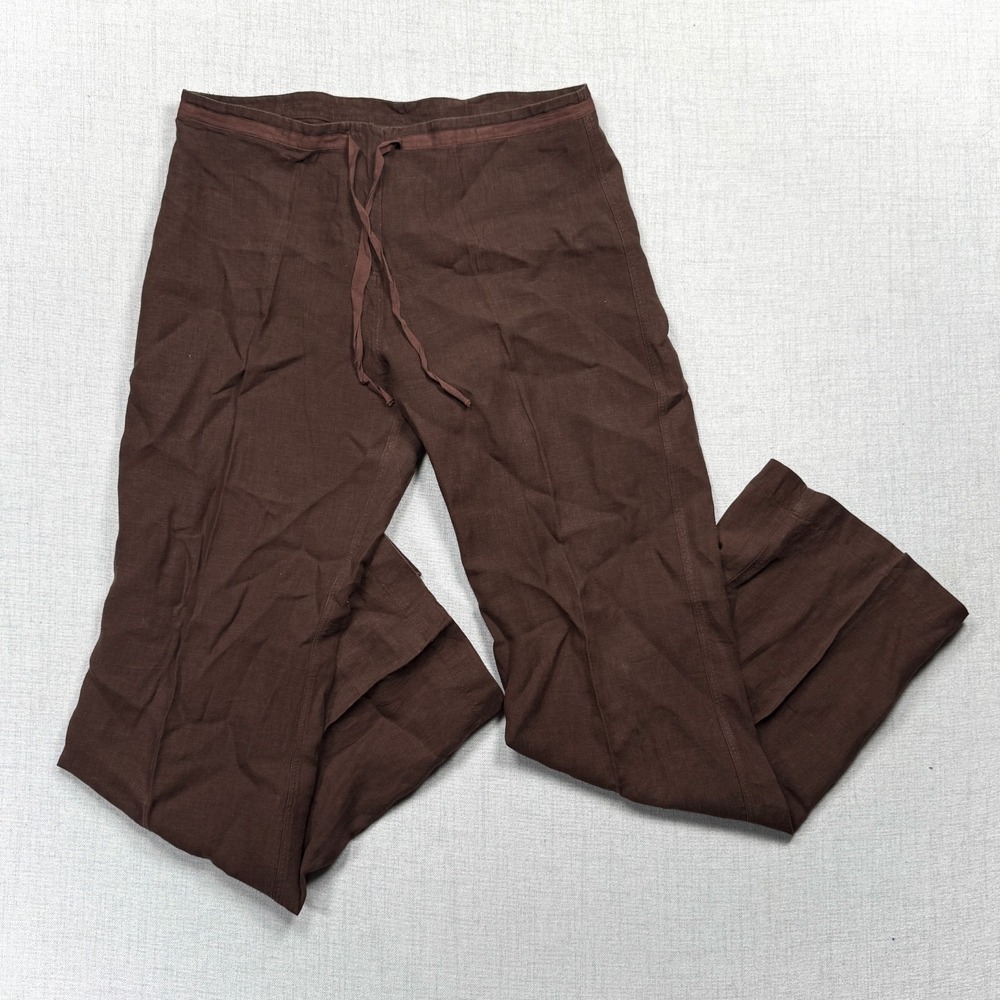 Vintage Margaret O'Leary Linen Pants Straight Leg Drawstring Wide Brown Size L